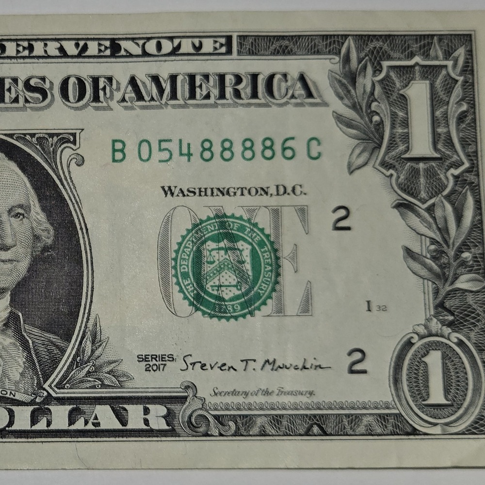 2017 One Dollar Bill Fancy Quad Note SN B05488886C FRB‎ New York (B318)